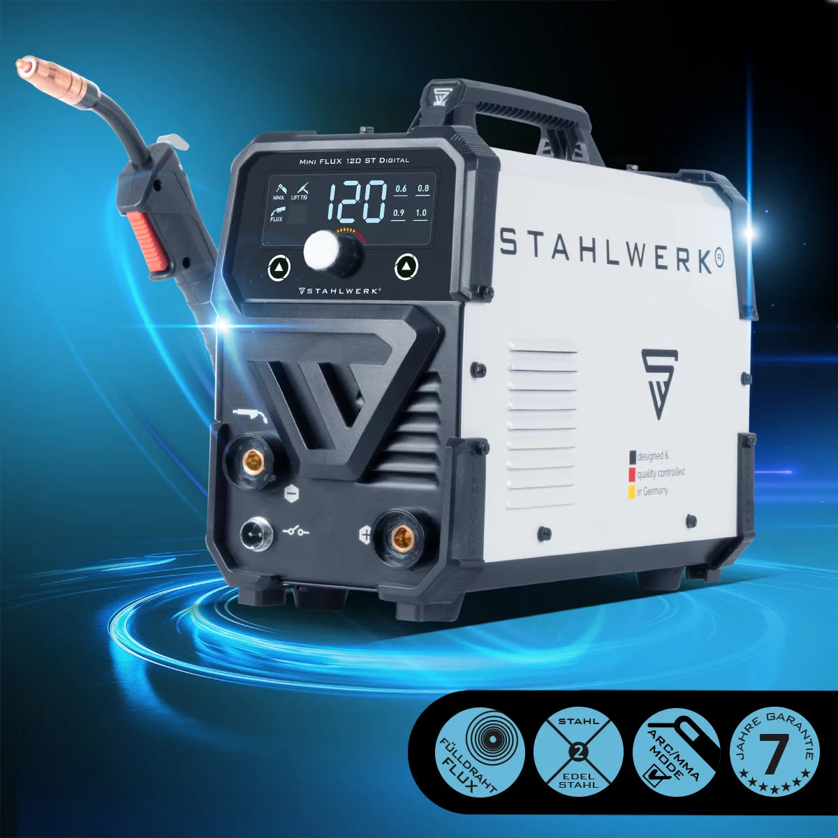 STAHLWERK Schweißgerät Mini FLUX 120 ST Digital | 120 Ampere | Synergischer Drahtvorschub | Lift-TIG geeignet | Fülldrahtschweißen | ARC/MMA Funktion zum einfachen Schweißen ohne Schutzgas mit Fülldraht