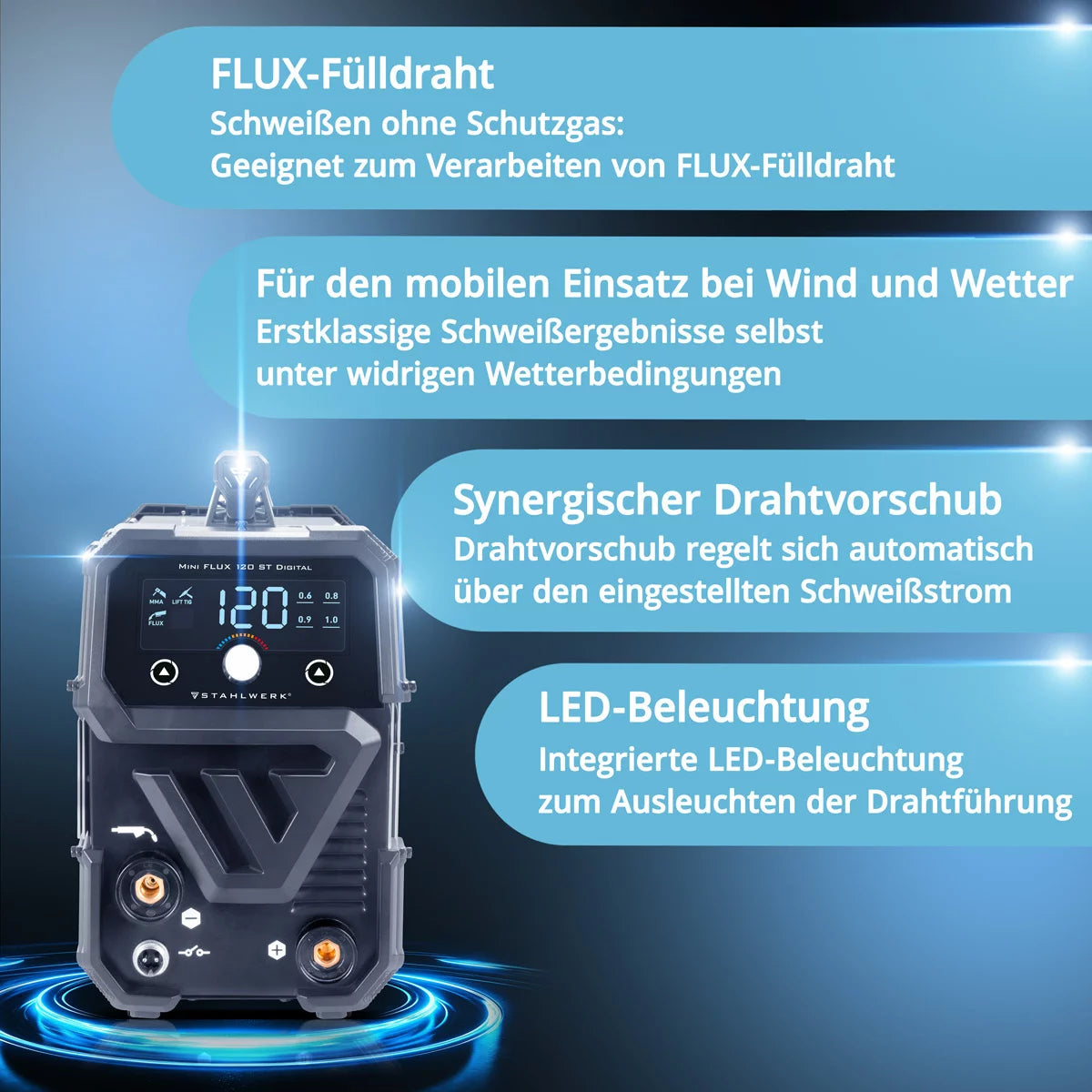 STAHLWERK Schweißgerät Mini FLUX 120 ST Digital | 120 Ampere | Synergischer Drahtvorschub | Lift-TIG geeignet | Fülldrahtschweißen | ARC/MMA Funktion zum einfachen Schweißen ohne Schutzgas mit Fülldraht