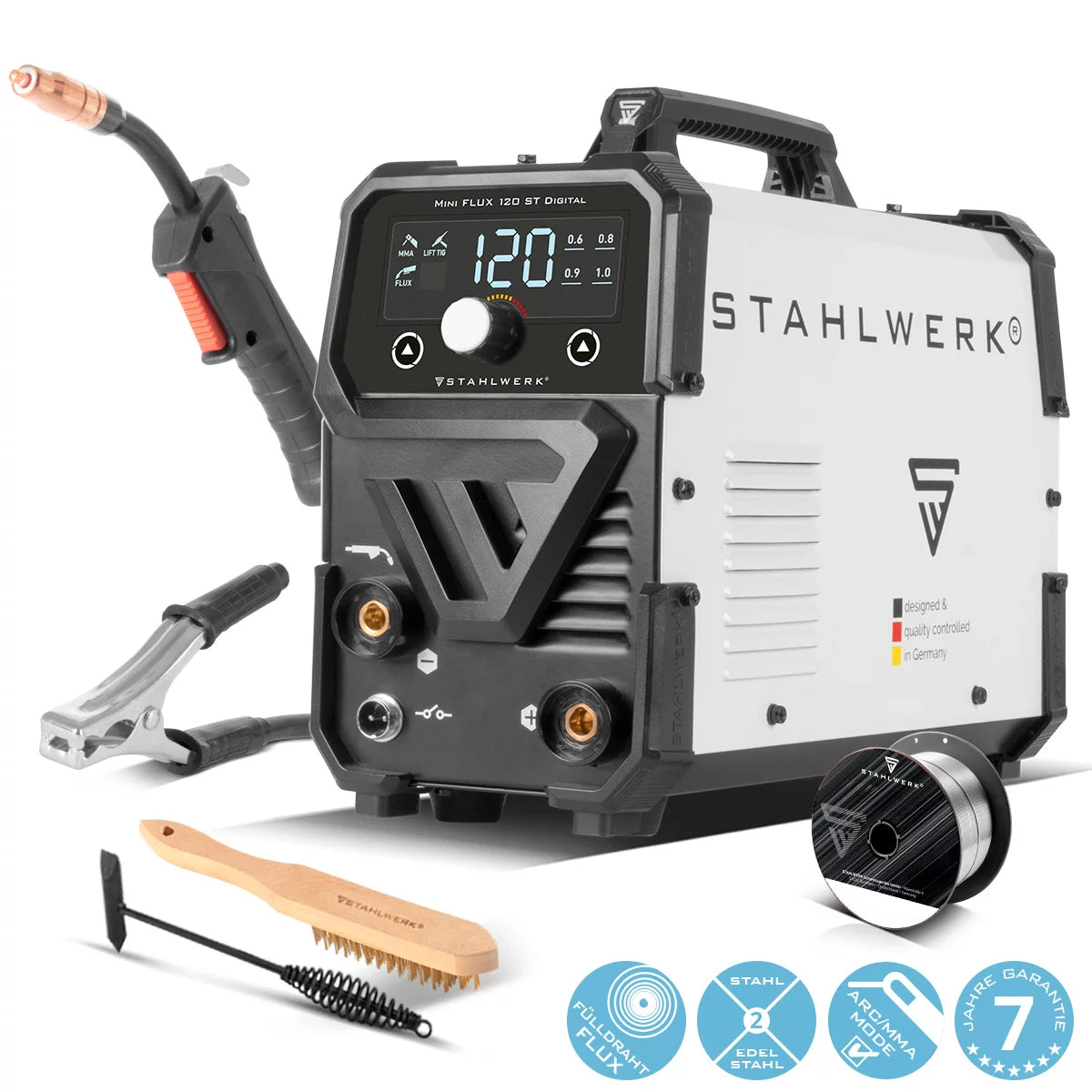 STAHLWERK Schweißgerät Mini FLUX 120 ST Digital | 120 Ampere | Synergischer Drahtvorschub | Lift-TIG geeignet | Fülldrahtschweißen | ARC/MMA Funktion zum einfachen Schweißen ohne Schutzgas mit Fülldraht