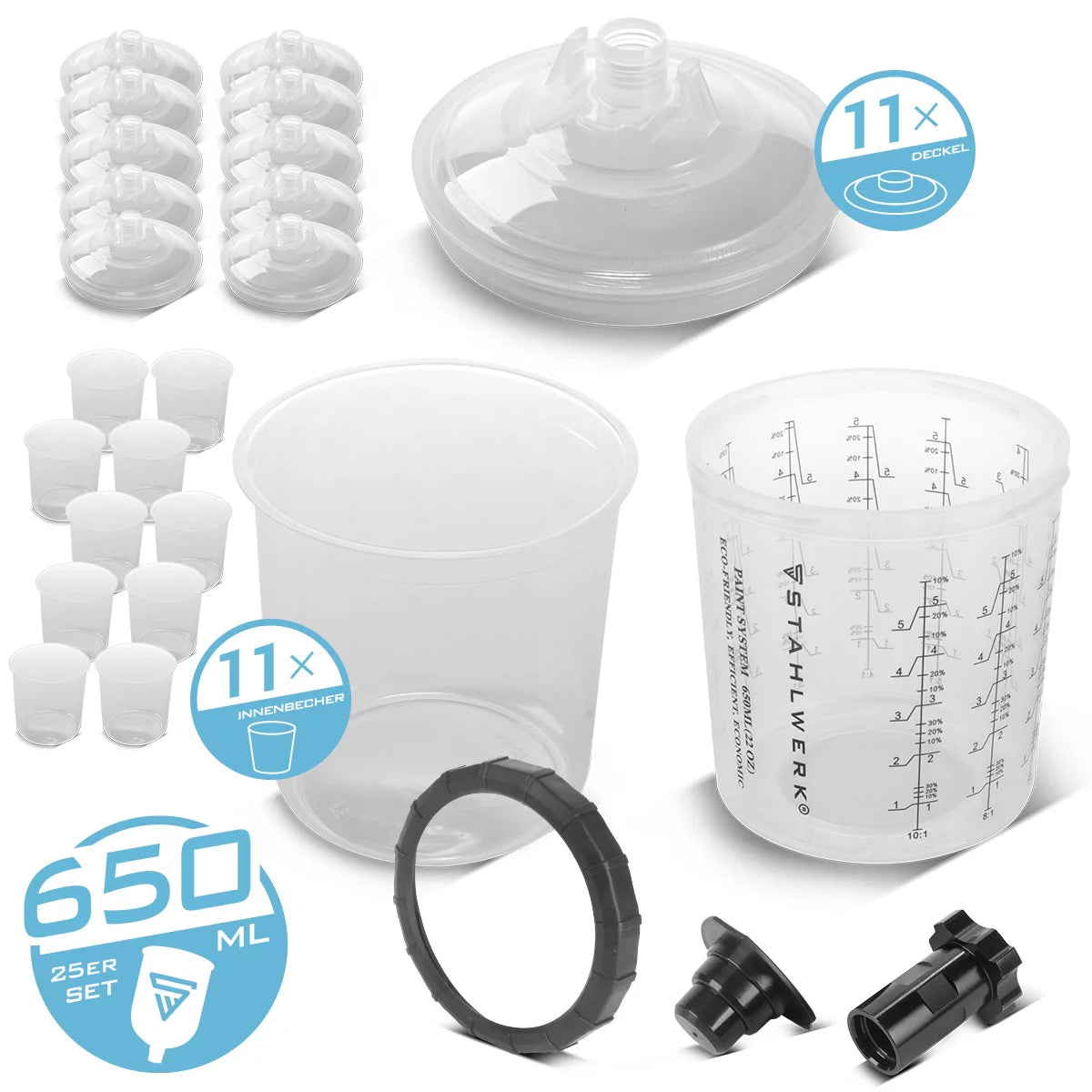 Stahlwerk Mischbecheret 25 parties à utiliser sur la peinture des pistolets | Manque de mélangeur | Mélangeur de couleurs | 650 ml de tasse à mesure jetable pour mélanger et appliquer des peintures