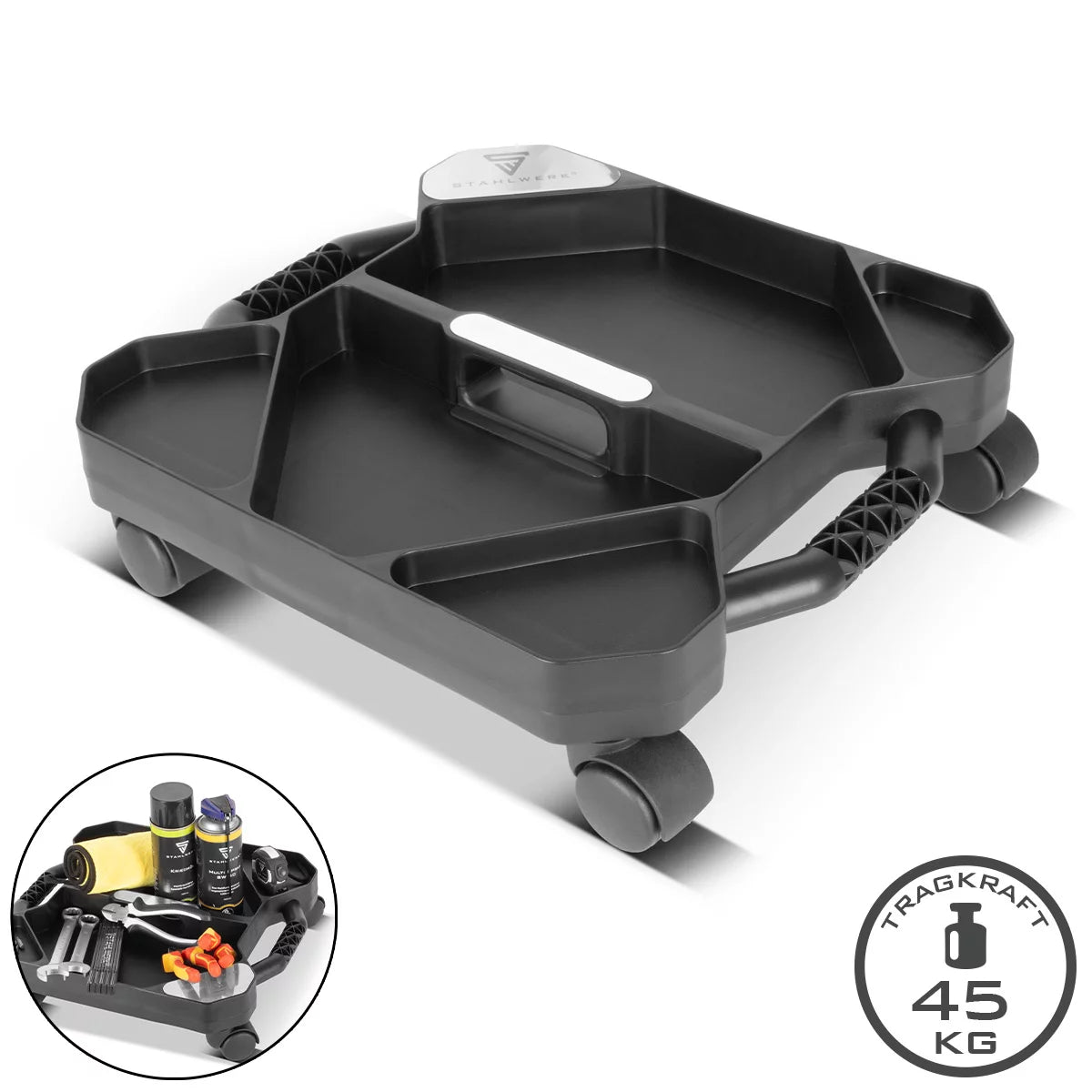 STAHLWERK workshop caddy RTC-100 ST | Mobile tool organizer | Small workshop trolley with 5 compartments | Trolley | Assembly aid | Compact tool box on wheels | Load capacity 45 kg