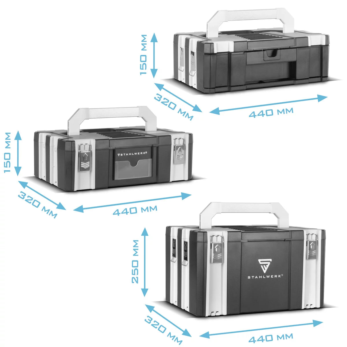 STAHLWERK Toolbox Set | 3 stackable tool boxes | Mobile tool organizer with drawer and rolling board | Flexible module system with robust assortment boxes | Tool trolley