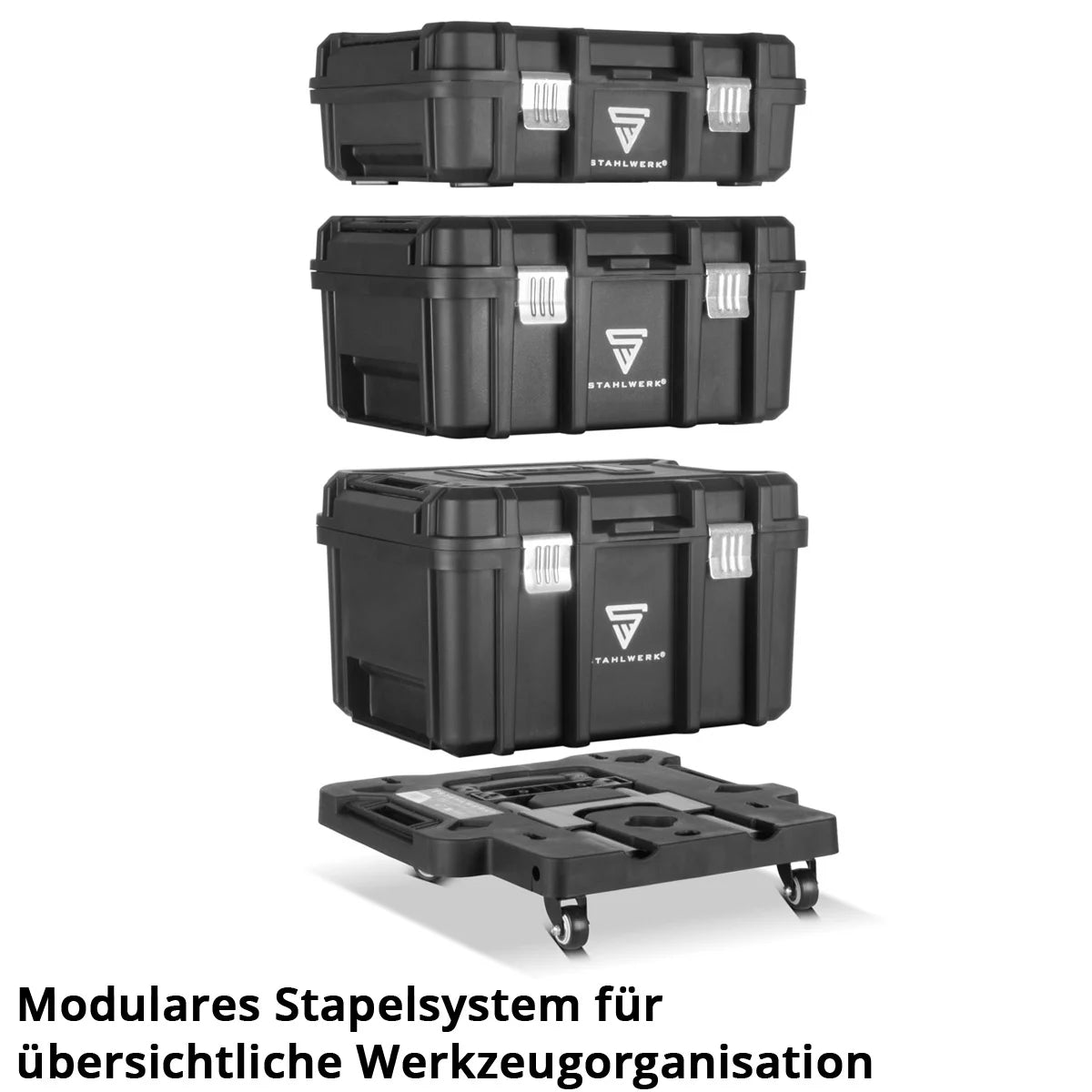 STAHLWERK Toolbox Set | Mobile tool trolley and organizer with telescopic handle | Flexible module system with assortment boxes | 3 stackable tool boxes | Tool boxes with small parts organizer