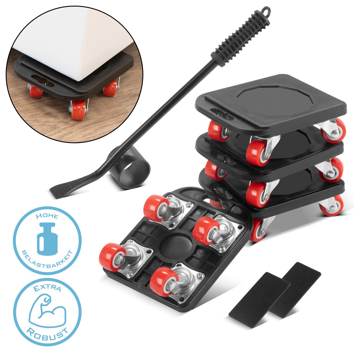 STAHLWERK Möbeltransport Set 4 robuste Transportroller | Möbelroller | Rollbrett | Transporthilfe mit gummierten Long-Life-Rollen und 1 praktischer Möbelheber