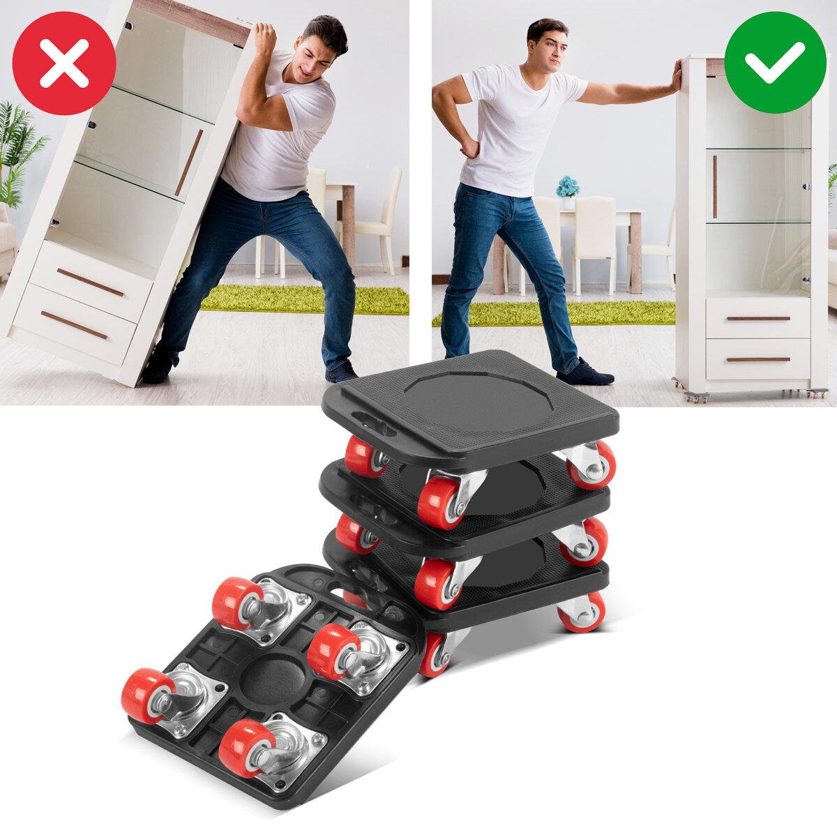 STAHLWERK Möbeltransport Set 4 robuste Transportroller | Möbelroller | Rollbrett | Transporthilfe mit gummierten Long-Life-Rollen und 1 praktischer Möbelheber