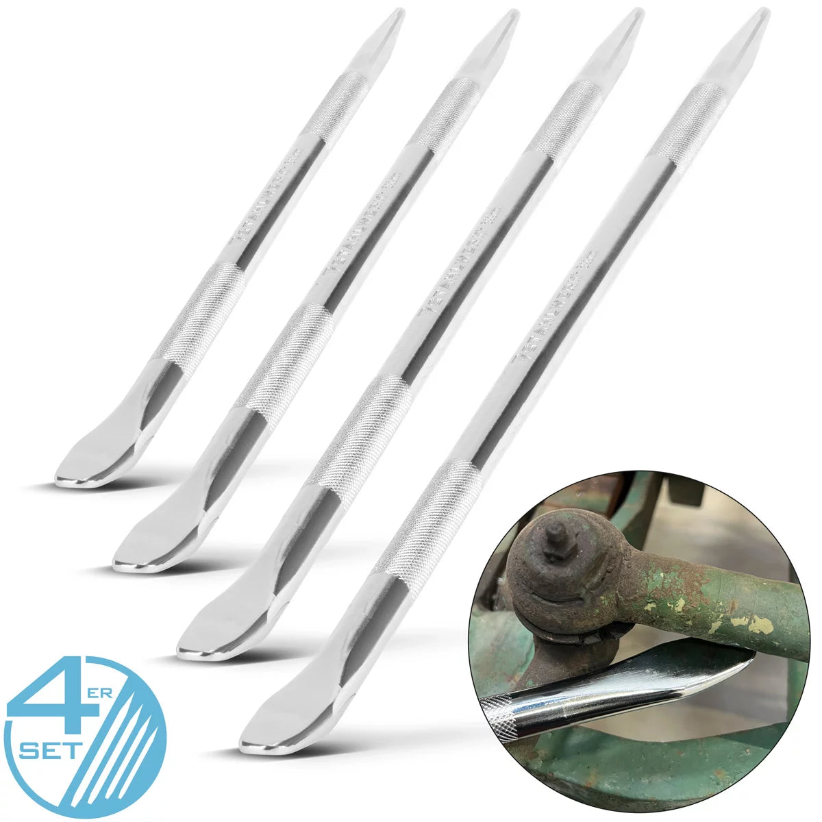 STAHLWERK Montageeisen 4er Set 500 | 600 | 700 | 800 mm Montiereisen | Montierhebel | Hebeleisen | Hebelstange aus verchromtem Mangan-Stahl