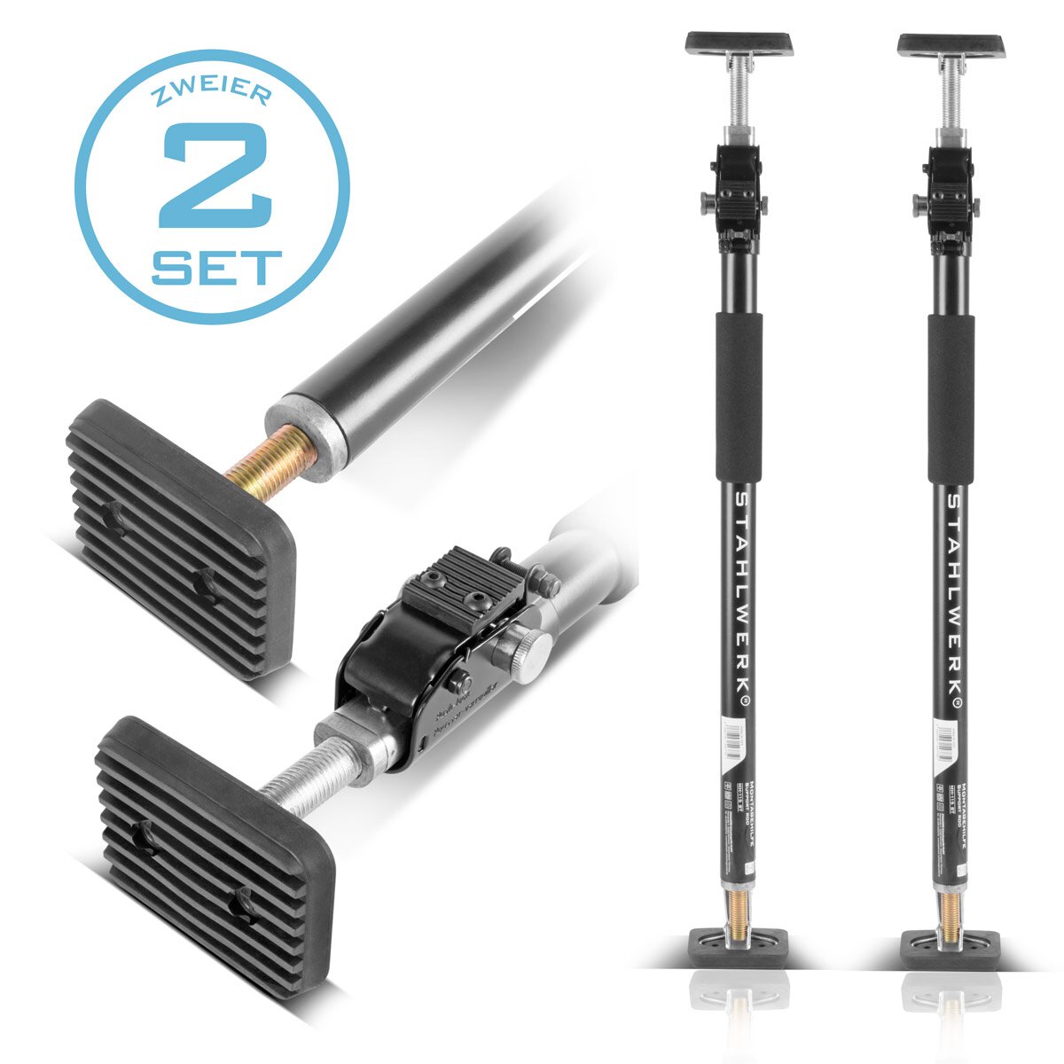 STAHLWERK Montagestütze | Baustütze MH-115 ST 2er Set 66-115 cm, 40 kg Tragkraft, robuster Türspanner | Teleskopstütze | Spannstütze