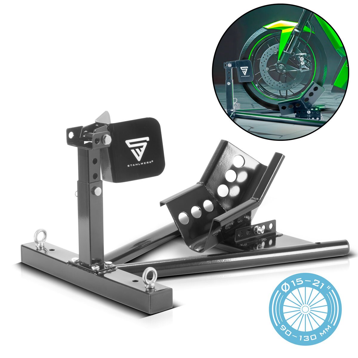 STAHLWERK Motorrad Montageständer GTM-600 ST 15-21" Motorradständer | Motorradwippe | Standschiene | Transportständer | Radwippe | Radklemme | Vorderradwippe für Transport, Wartung und Reparatur