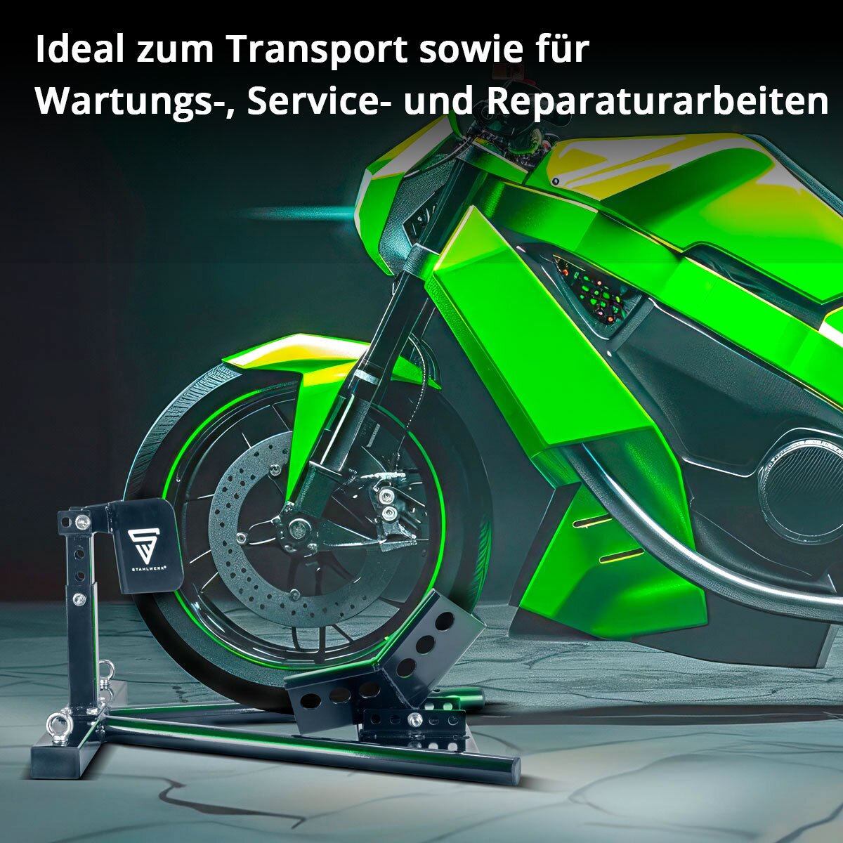 STAHLWERK Motorrad Montageständer GTM-600 ST 15-21" Motorradständer | Motorradwippe | Standschiene | Transportständer | Radwippe | Radklemme | Vorderradwippe für Transport, Wartung und Reparatur