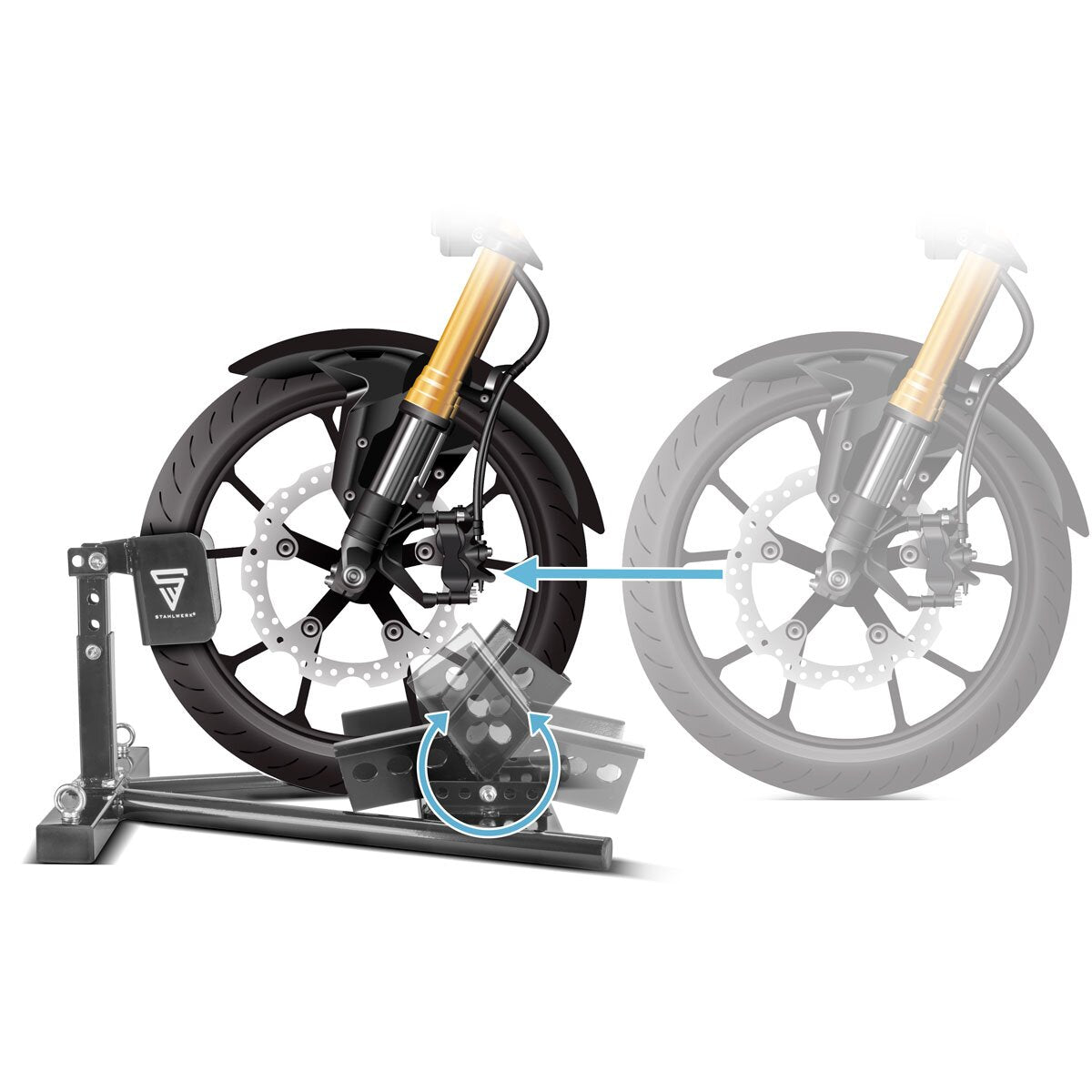 Stand de ensamblaje de motocicletas Steelworks GTM-600 ST 15-21 "Motorcycle Stand | Motorcycle Rocker | Rail de soporte | Stand de transporte | Rocker radic | Radklamp | Rockera de rueda delantera para transporte, mantenimiento y reparación