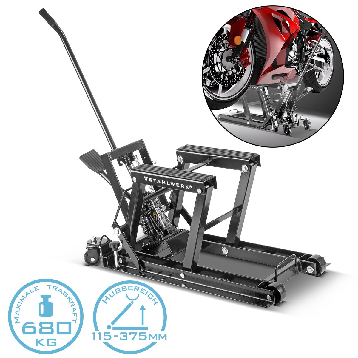 Levante de motocicleta Steelworks MLT-680 ST con capacidad de carga de 680 kg y 115-375 mm Área de elevación LIBER DE MOTOCLACIÓN HIDRÁULICA | Levantamiento de la motocicleta | Motor de motocicletas?