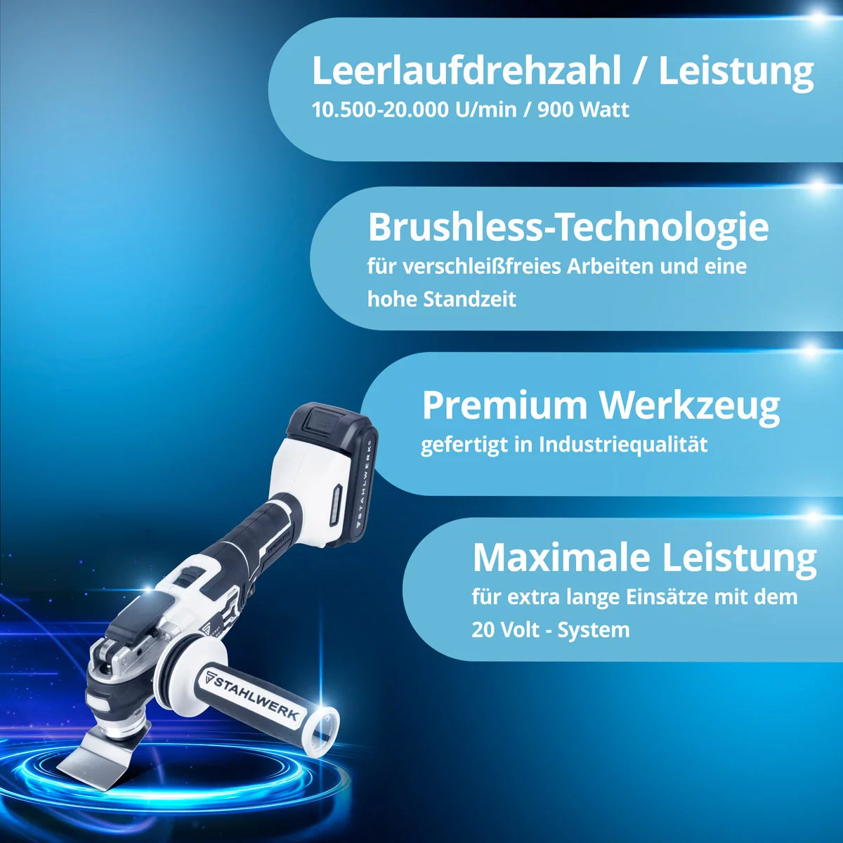 Herramienta multifunción oscilante a batería STAHLWERK OMTB-20 ST con 900 W, 10.500-20.000 rpm y sistema de batería de 20 V, lijadora delta/herramienta oscilante/multicortadora con tecnología Brushless