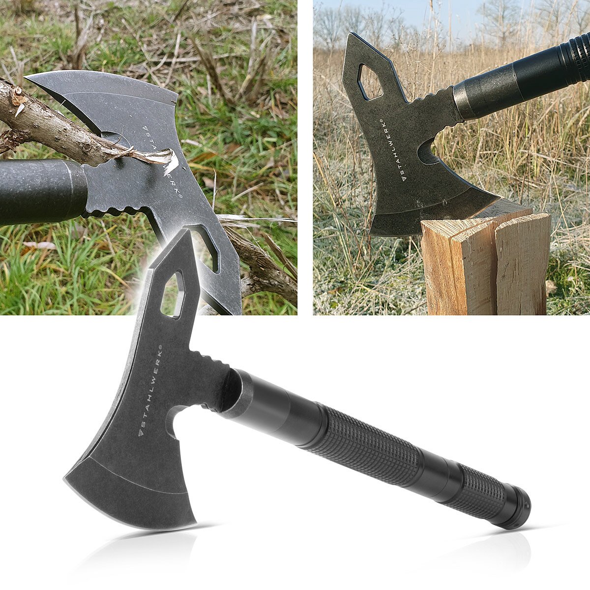 Multiherramienta STAHLWERK / herramienta multifuncional / kit de supervivencia para exteriores con hacha, cuchillo multifuncional, sierra, martillo de emergencia y silbato de señalización con acero contra incendios