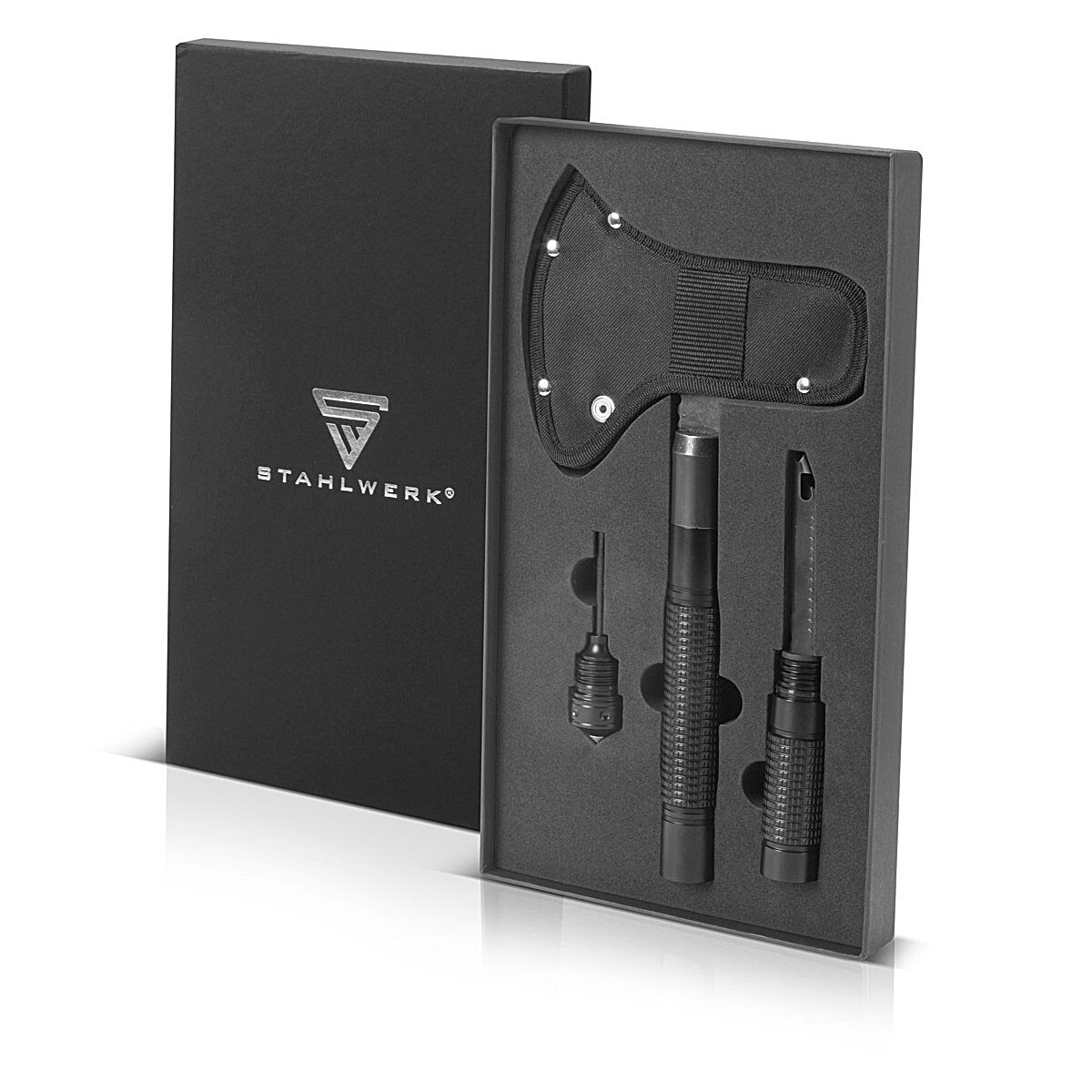 Multiherramienta STAHLWERK / herramienta multifuncional / kit de supervivencia para exteriores con hacha, cuchillo multifuncional, sierra, martillo de emergencia y silbato de señalización con acero contra incendios