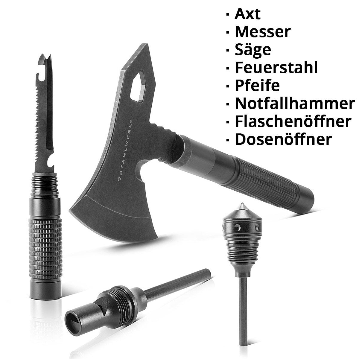 Multiherramienta STAHLWERK / herramienta multifuncional / kit de supervivencia para exteriores con hacha, cuchillo multifuncional, sierra, martillo de emergencia y silbato de señalización con acero contra incendios