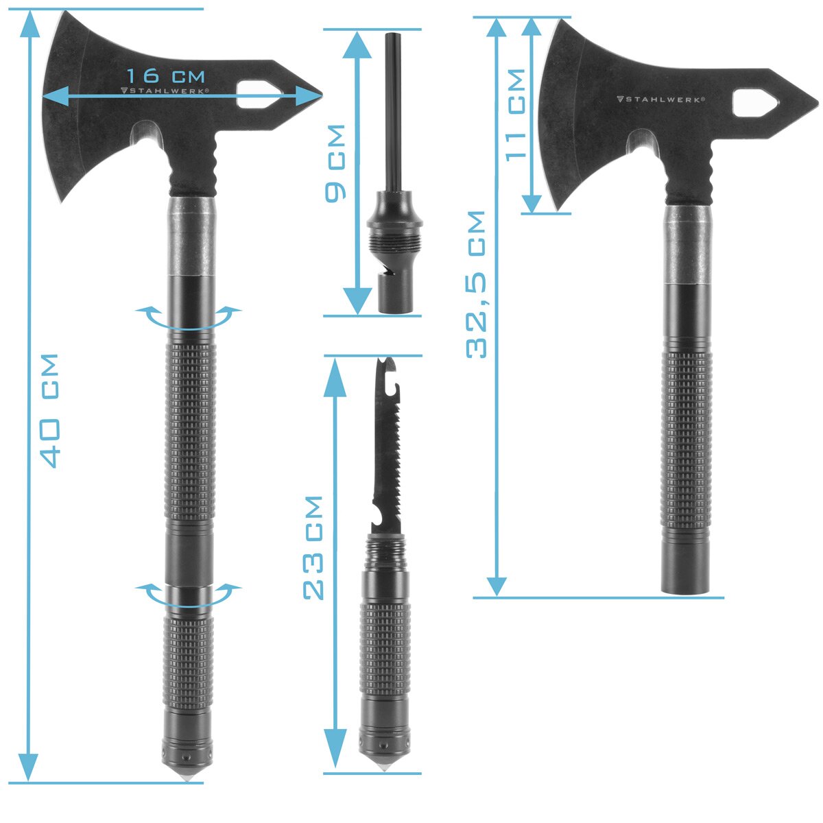 Multiherramienta STAHLWERK / herramienta multifuncional / kit de supervivencia para exteriores con hacha, cuchillo multifuncional, sierra, martillo de emergencia y silbato de señalización con acero contra incendios
