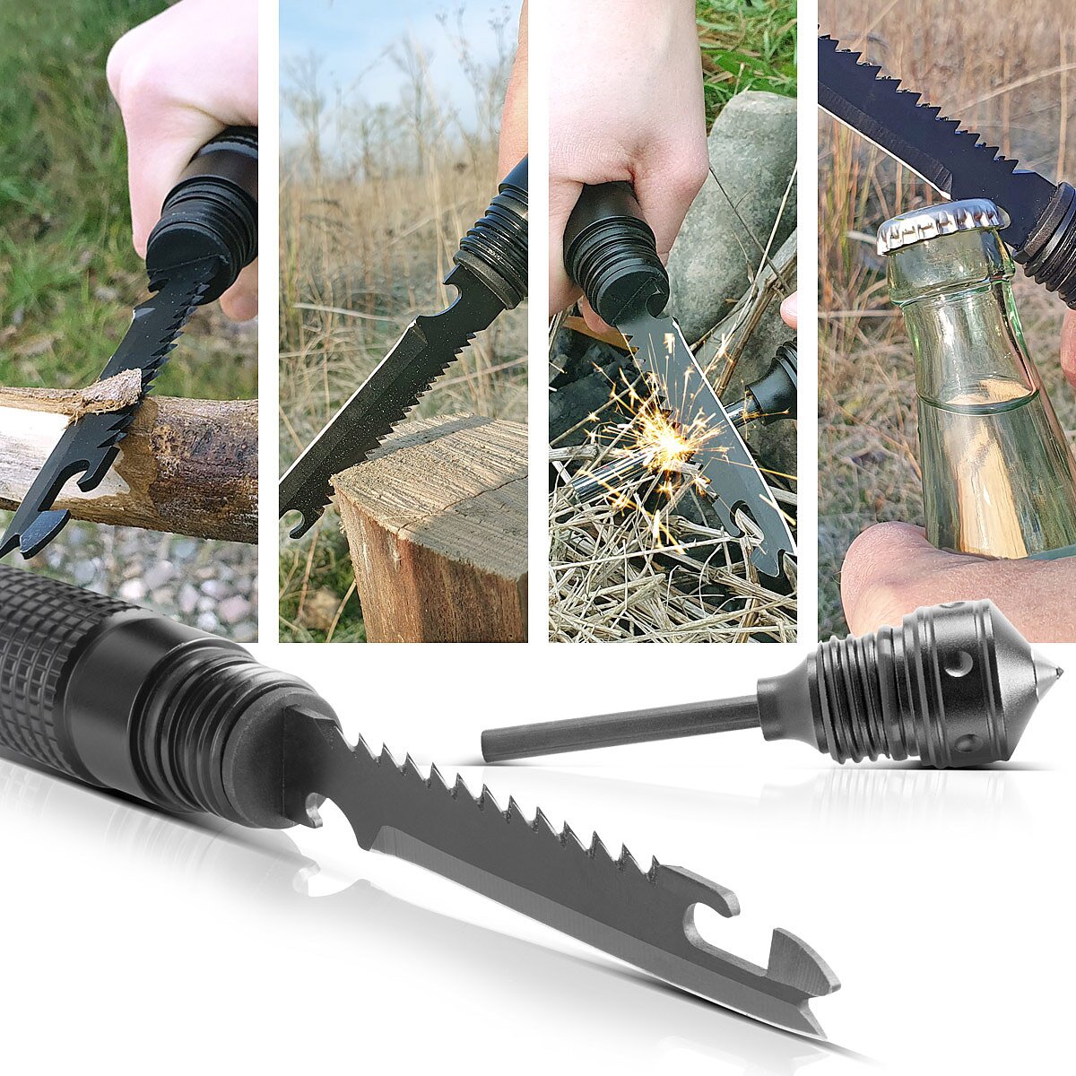 Multiherramienta STAHLWERK / herramienta multifuncional / kit de supervivencia para exteriores con hacha, cuchillo multifuncional, sierra, martillo de emergencia y silbato de señalización con acero contra incendios