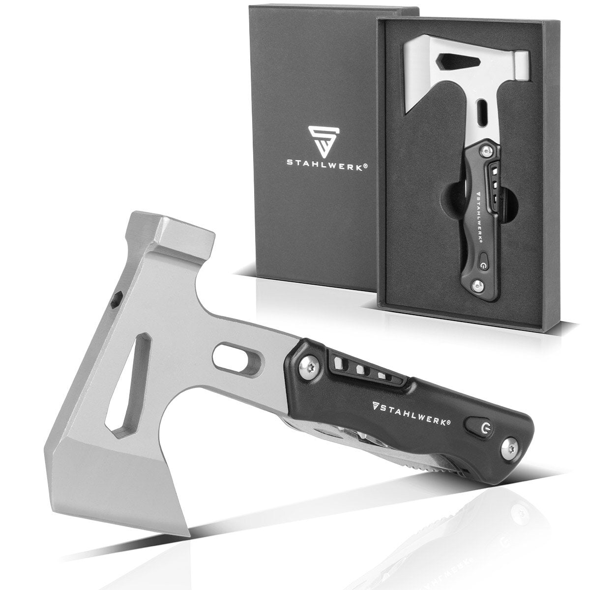 STAHLWERK Multitool / Multifunktionswerkzeug / Hammer Axt / Survival Kit mit Taschenmesser LED Taschenlampe Schraubendreher Set