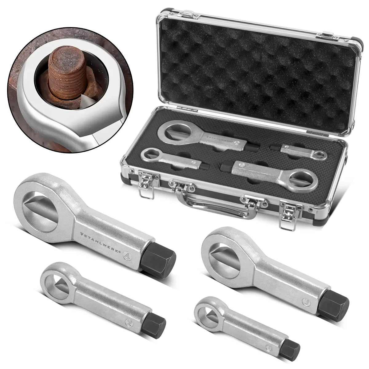 STAHLWERK Mutternsprenger Set 9-36 mm 4-teiliger Mutternsprenger Satz | Mutternlöser | Mutternöffner | Mutternspalter | Werkzeug zum Lösen festsitzender Muttern