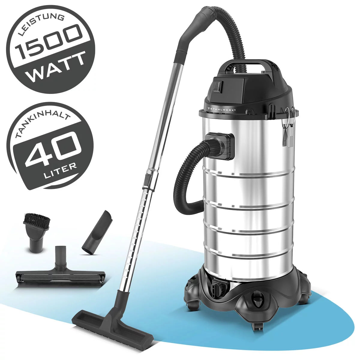 STAHLWERK Nass- und Trockensauger VCL-1500 ST | 1500 W Industriesauger mit 40 l Edelstahlbehälter | Blasfunktion und Sicherheitsabschaltung | Umfangreiches Zubehörpaket | Robuster Werkstattsauger