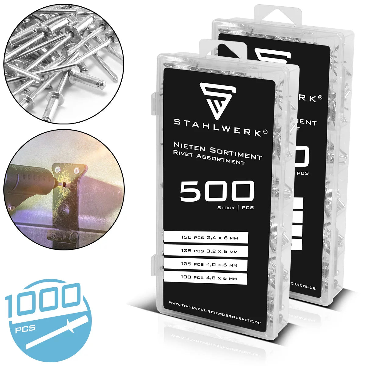 Acciaio in acciaio Rivet da 1000 parti di rivetti ciechi impostati in una pratica scatola di plastica | Rivet realizzati in alluminio in 4 dimensioni diverse | Rivet pop per l'uso con Nietziers