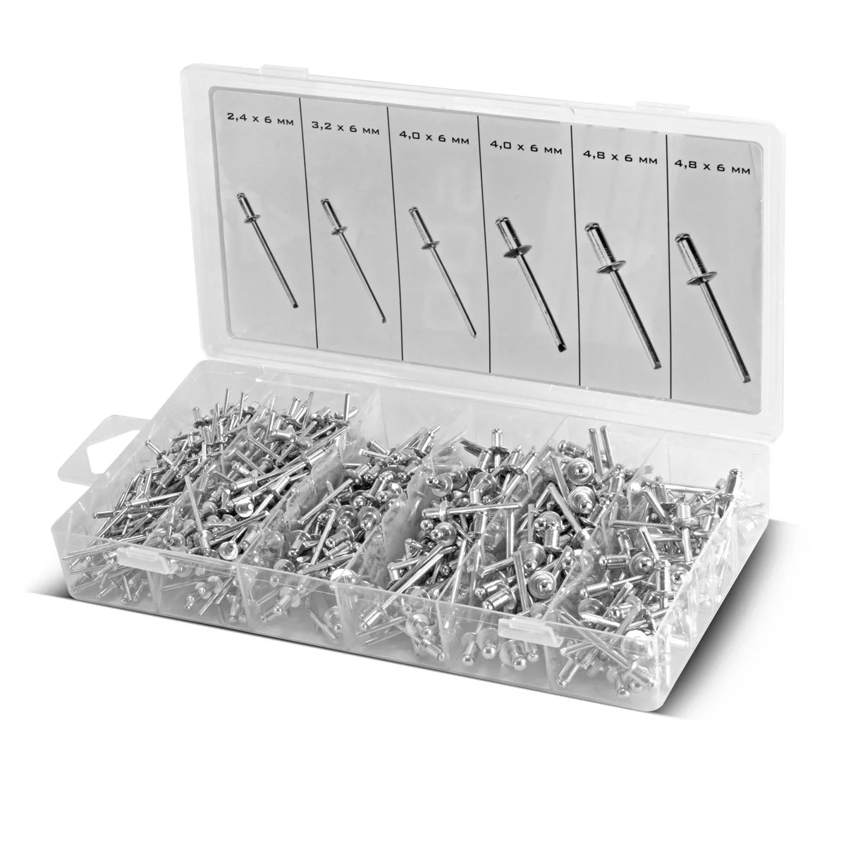 Les rivets aveugles de Rivet Steelworks en 1000 parties placés dans une boîte en plastique pratique | Rivets en aluminium en 4 tailles différentes | Rivets pop pour une utilisation avec les nietziers