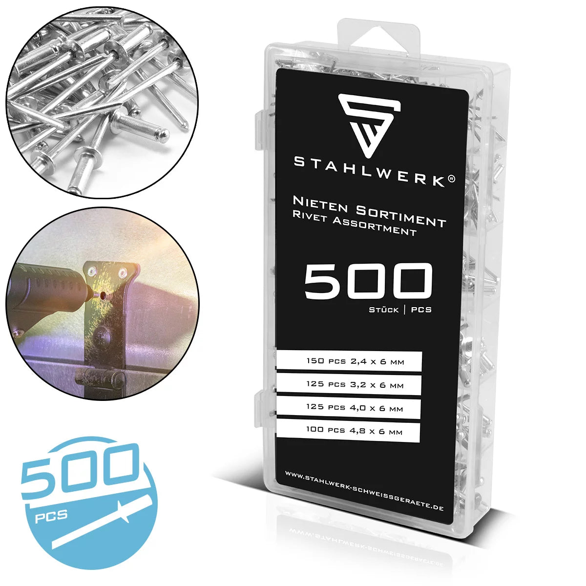 Acciaio in acciaio Rivet da 500 parti di rivetti ciechi incastonati in una pratica scatola di plastica | Rivet realizzati in alluminio in 4 dimensioni diverse | Rivet pop per l'uso con Nietziers