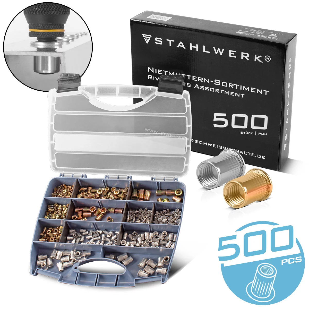 Steelworks perçin somun ihaleleri için set 500 parçalı | Pratik durumda alüminyum ve çelikten yapılmış yüksek kaliteli dişli kiralar | Exchange iplik m3 | M4 | M5 | M6 | M8 | M10