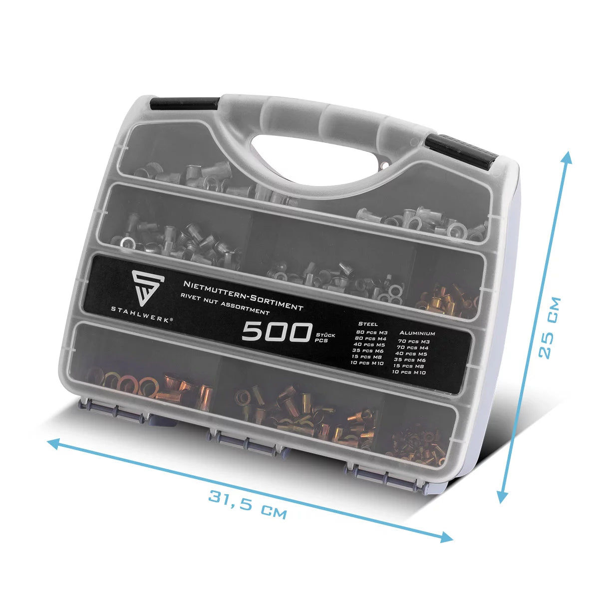 Steelworks perçin somun ihaleleri için set 500 parçalı | Pratik durumda alüminyum ve çelikten yapılmış yüksek kaliteli dişli kiralar | Exchange iplik m3 | M4 | M5 | M6 | M8 | M10