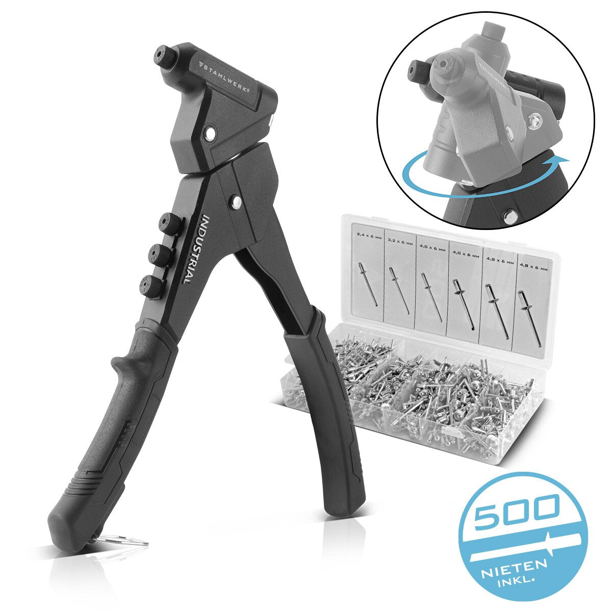 Stahlwerk Nietzangen-Set NZ-280 ST 360 ° Kör Dil | İftira pensesi | Popniet pense | Perçin Fındık Tongs | Perçin Tabanca | Perçin Aracı | 4 alternatif yer ve 500 kör perçinli tek elli kiralık pense