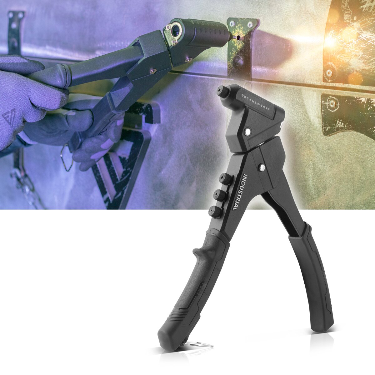 Stahlwerk Nietzangen-Set NZ-280 ST 360 ° Kör Dil | İftira pensesi | Popniet pense | Perçin Fındık Tongs | Perçin Tabanca | Perçin Aracı | 4 alternatif yer ve 500 kör perçinli tek elli kiralık pense