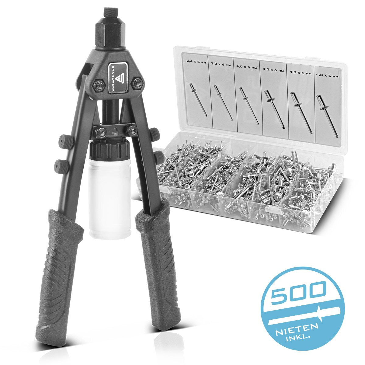 Steelworks Nietzangen-Set HNZ-280 ST Kör Dil | İftira pensesi | Popniet pense | Perçin Fındık Tongs | Perçin Tabanca | Perçin Aracı | 5 alternatif ek ve 500 kör perçin ile
