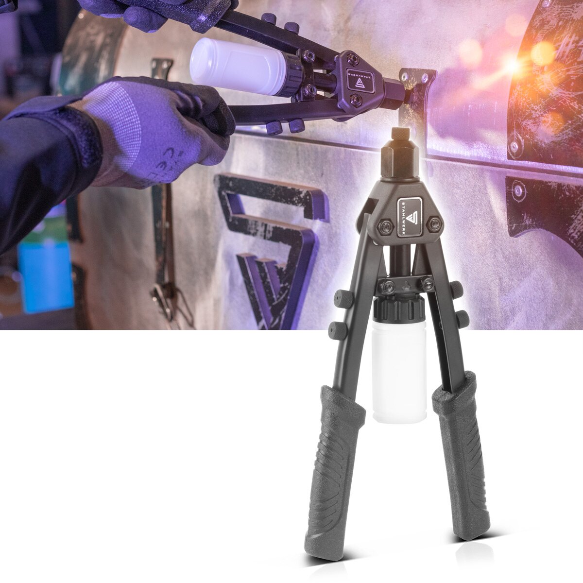 Steelworks Nietzangen-Set HNZ-280 ST Kör Dil | İftira pensesi | Popniet pense | Perçin Fındık Tongs | Perçin Tabanca | Perçin Aracı | 5 alternatif ek ve 500 kör perçin ile