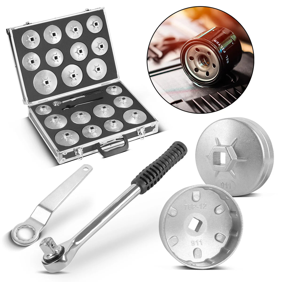 STAHLWERK Ölfilterschlüssel Set 23-teilig Ölwechselwerkzeug-Satz mit Ölfilterkappen-Satz aus Aluminium, Umschaltknarre und Ringschlüssel | Ölkappenschlüssel | Kfz-Spezialwerkzeug für Ölwechsel
