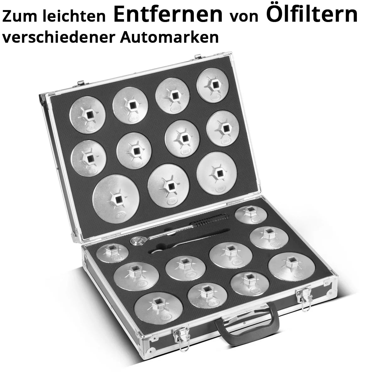 STAHLWERK Ölfilterschlüssel Set 23-teilig Ölwechselwerkzeug-Satz mit Ölfilterkappen-Satz aus Aluminium, Umschaltknarre und Ringschlüssel | Ölkappenschlüssel | Kfz-Spezialwerkzeug für Ölwechsel