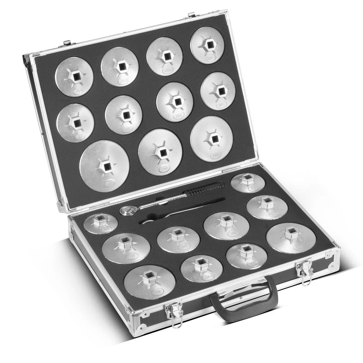 STAHLWERK Ölfilterschlüssel Set 23-teilig Ölwechselwerkzeug-Satz mit Ölfilterkappen-Satz aus Aluminium, Umschaltknarre und Ringschlüssel | Ölkappenschlüssel | Kfz-Spezialwerkzeug für Ölwechsel