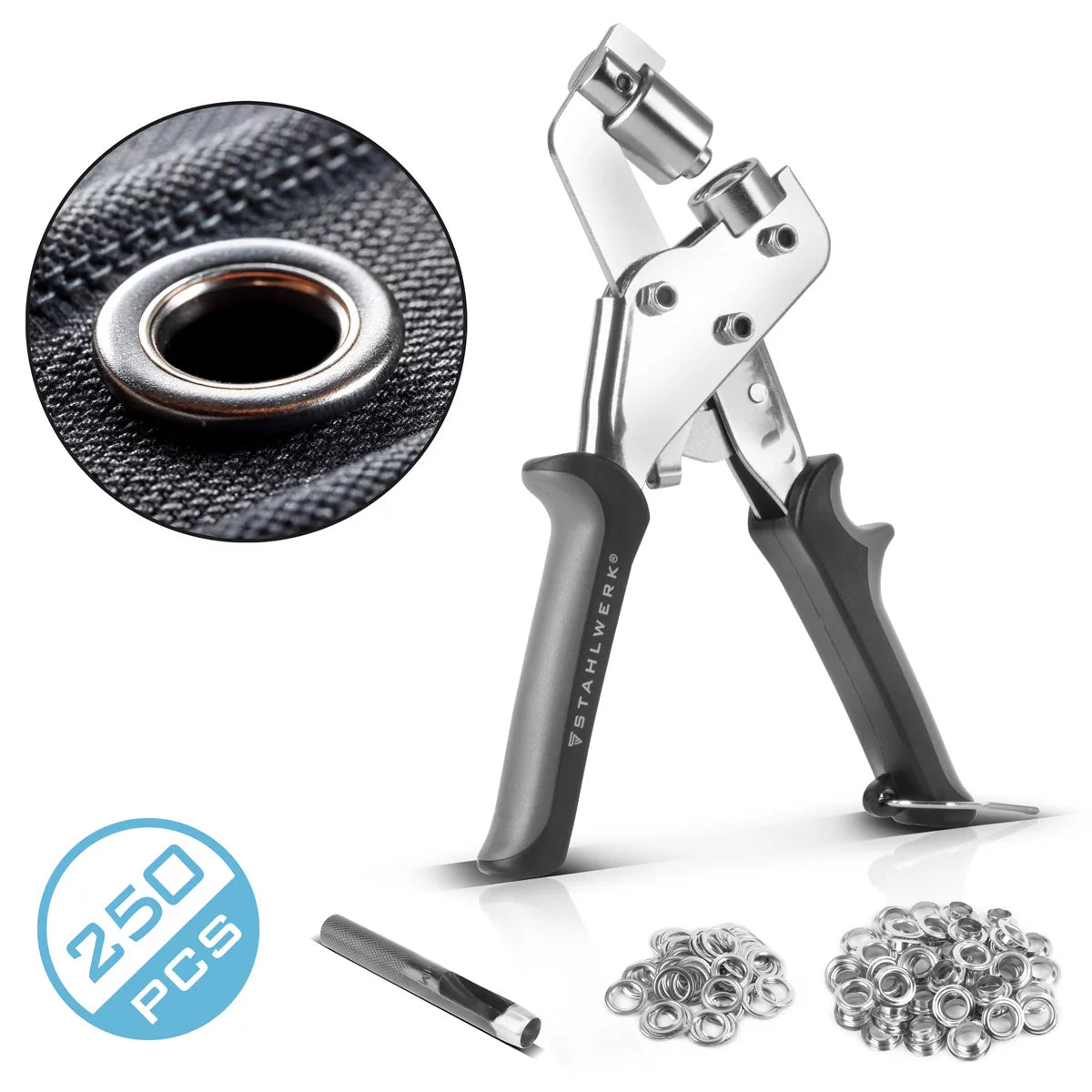 STAHLWERK Ösenzange Set 10 mm mit Lochstanze und 250 Ösen magnetische Profi-Ösenzange | Ösenpresse | Ösenstanze | Ösenwerkzeug aus gehärtetem Stahl