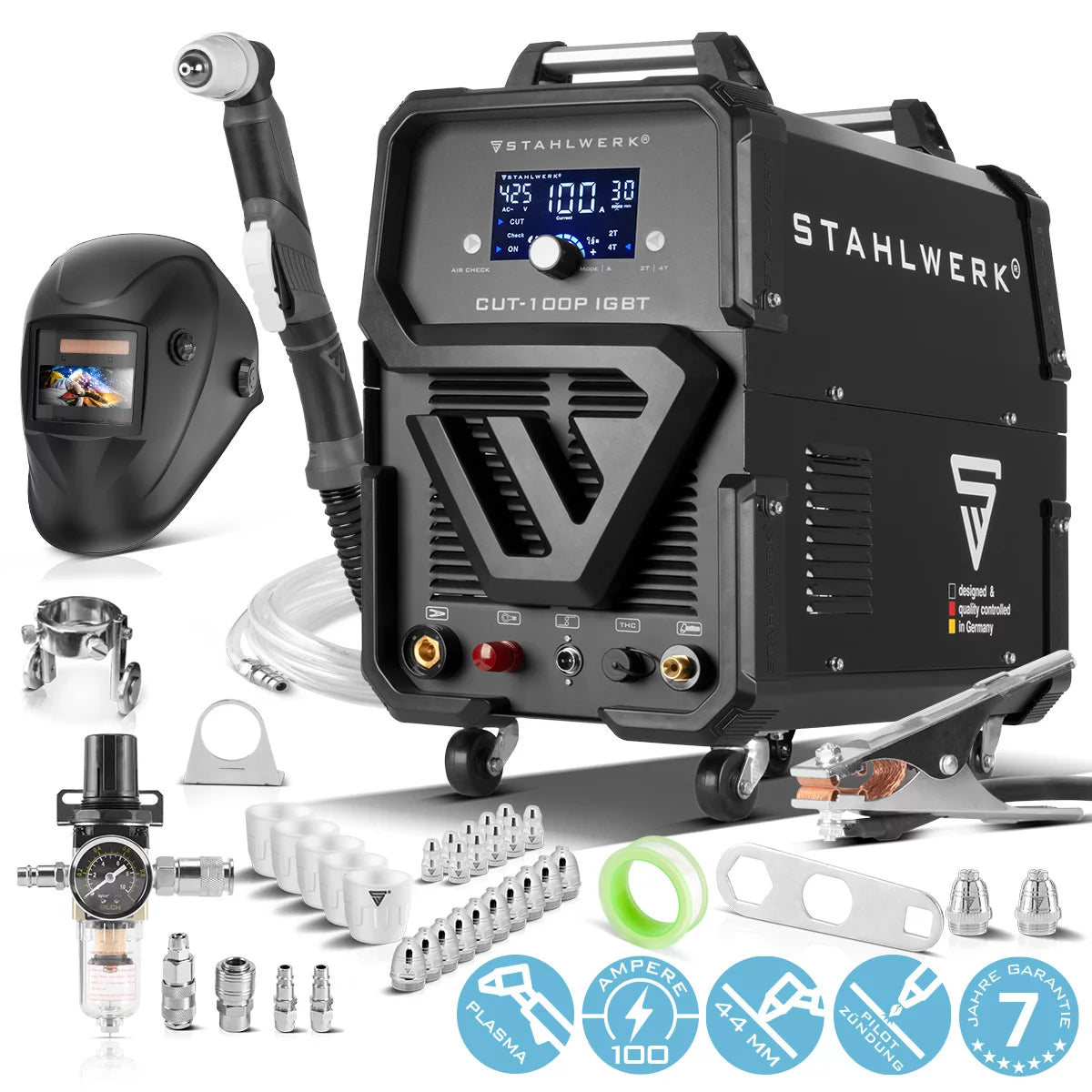 STAHLWERK CUT 100 P Digital Plasmaschneider Profi-Set 100 A Vollausstattung, Pilot-Zündung, einstellbare Luftnachströmzeit, Kühlung & Überhitzungsschutz