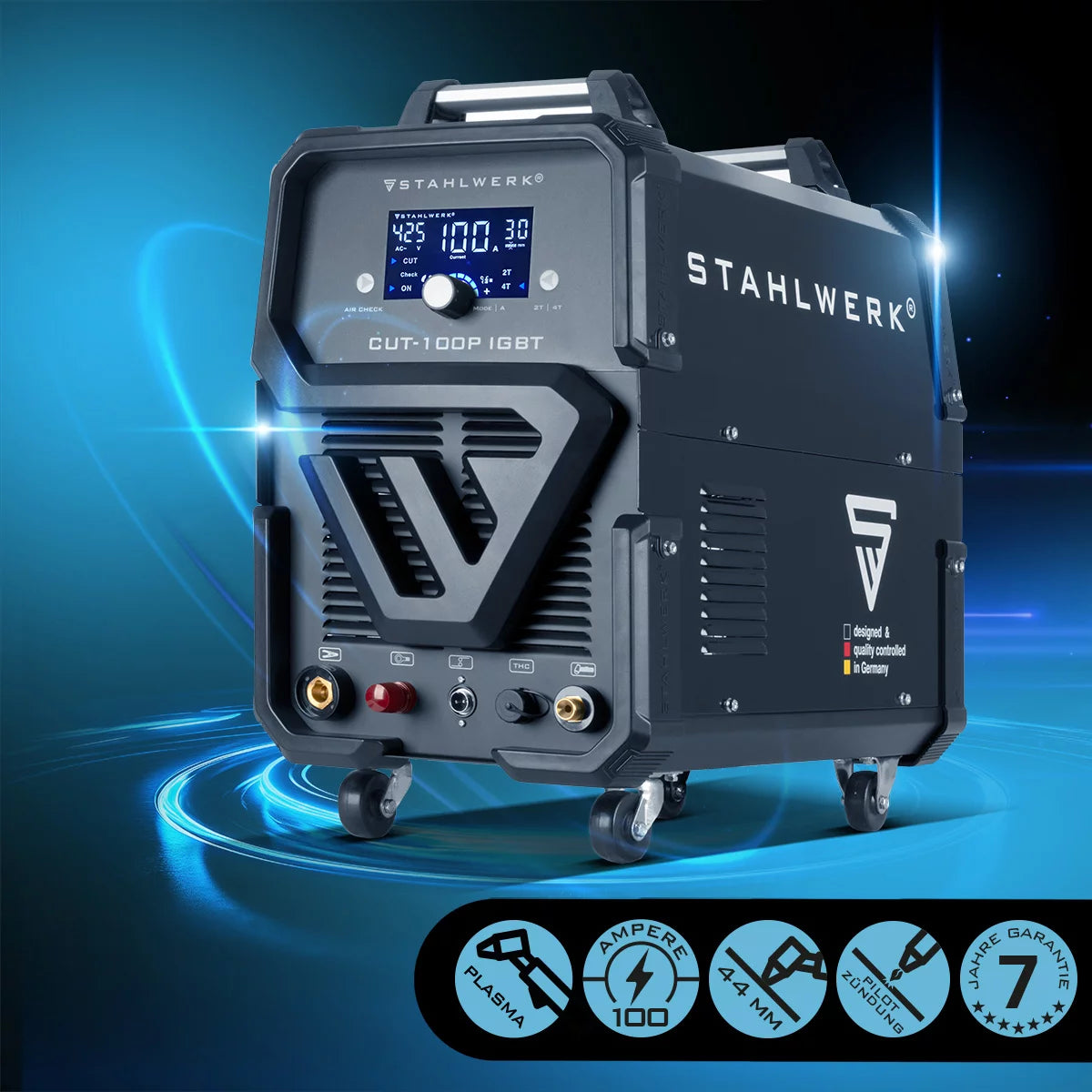 STAHLWERK CUT 100 P Digital Plasmaschneider Profi-Set 100 A Vollausstattung, Pilot-Zündung, einstellbare Luftnachströmzeit, Kühlung & Überhitzungsschutz