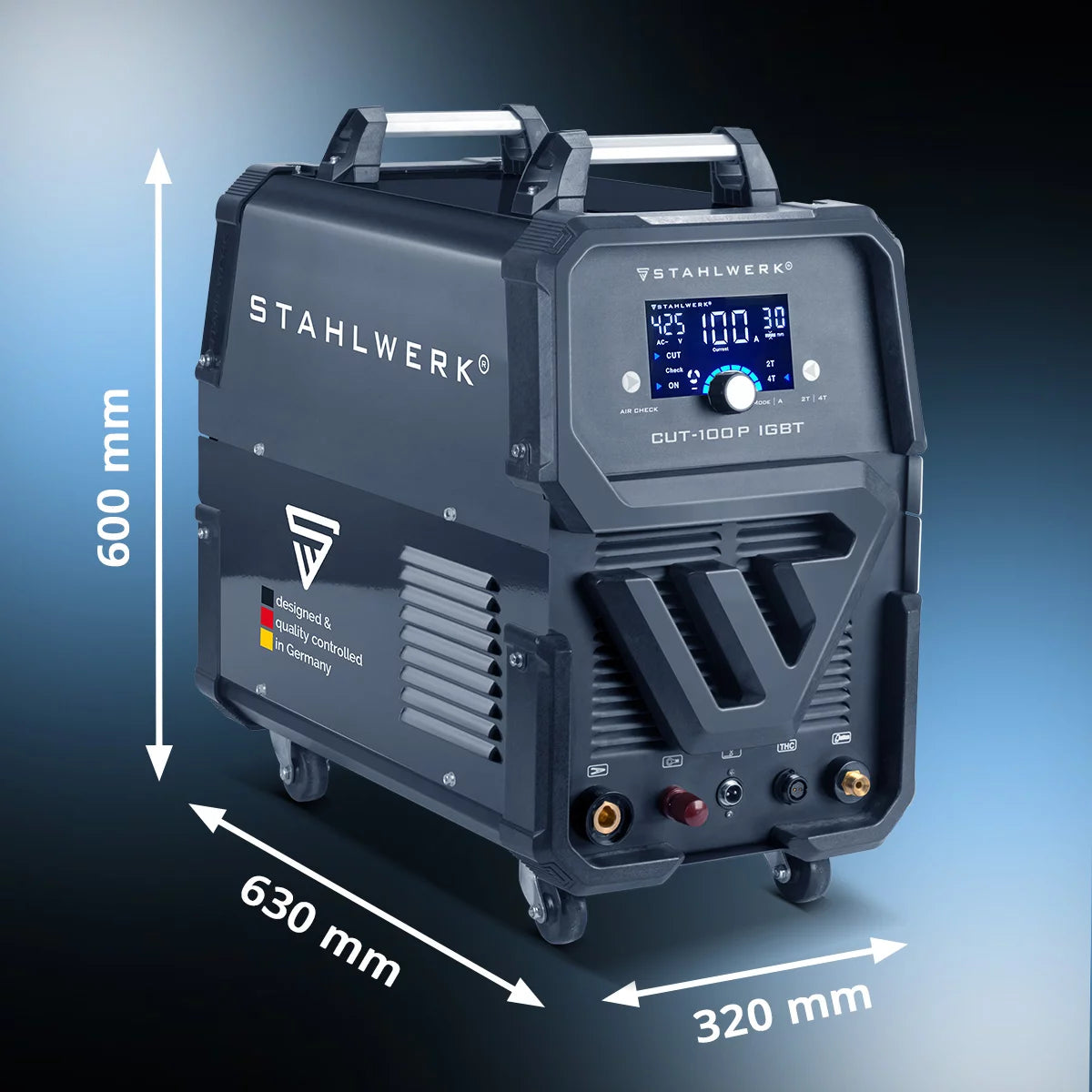 STAHLWERK CUT 100 P Digital Plasmaschneider Profi-Set 100 A Vollausstattung, Pilot-Zündung, einstellbare Luftnachströmzeit, Kühlung & Überhitzungsschutz