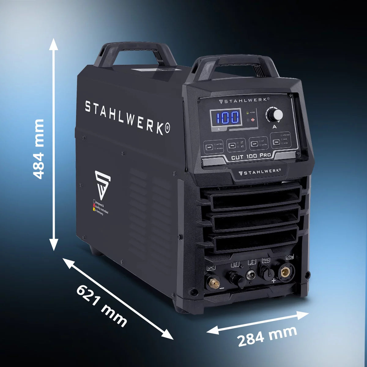 Découpeur plasma STAHLWERK CUT 100 Pro | Découpeur plasma à onduleur 100A | Allumage pilote HF | Affichage numérique | Interface THC pour CNC | Performance de coupe jusqu'à 44 mm | Découpeur plasma avec fonction 2T/4T
