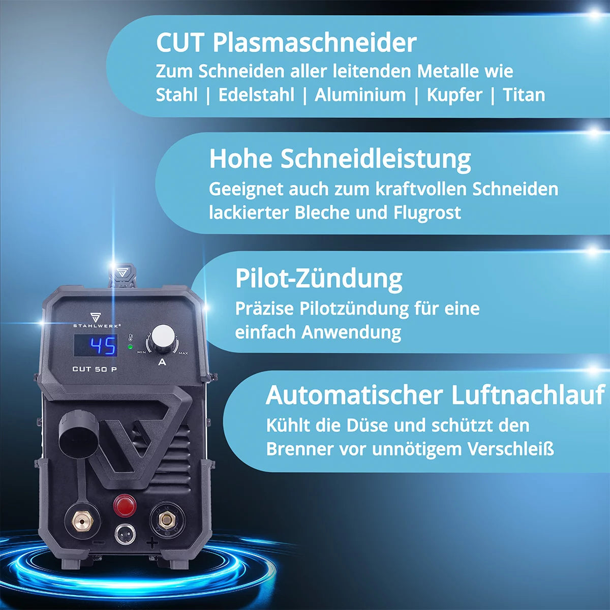 STAHLWERK Plasmaschneider CUT 50 P | 45 A Inverter-Plasmaschneider | HF-Pilotzündung | Digitalanzeige | Schneidleistung bis 15 mm | Smart-Kühlung