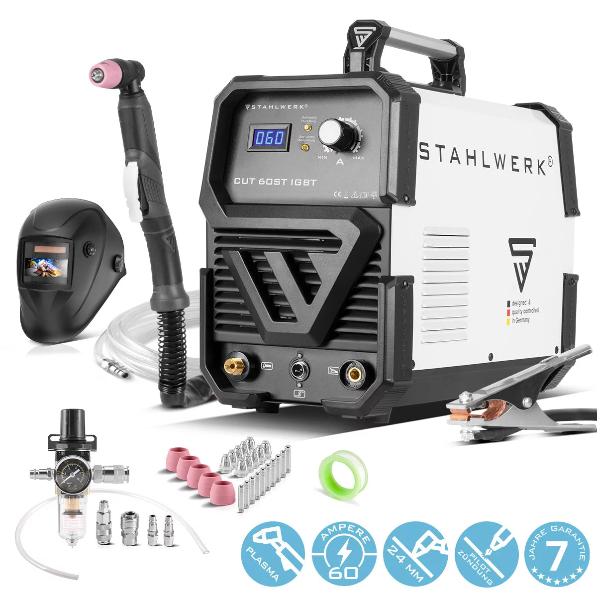 STAHLWERK Plasmaschneider CUT 60 ST IGBT - Vollausstattung / HF Zündung mit 60 Ampere bis 24mm Schneidleistung für Lackierte Bleche und Flugrost geeignet