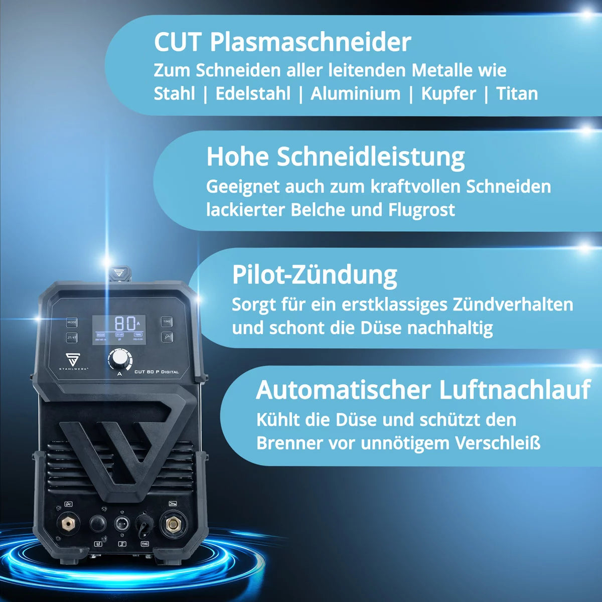 STAHLWERK Plasmaschneider CUT 80 P Digital | 80 A Inverter-Plasmaschneider | HF-Pilotzündung | Digitalanzeige | THC-Schnittstelle für CNC | Schneidleistung bis 25 mm | Plasma Cutter mit 2T/4T-Funktion