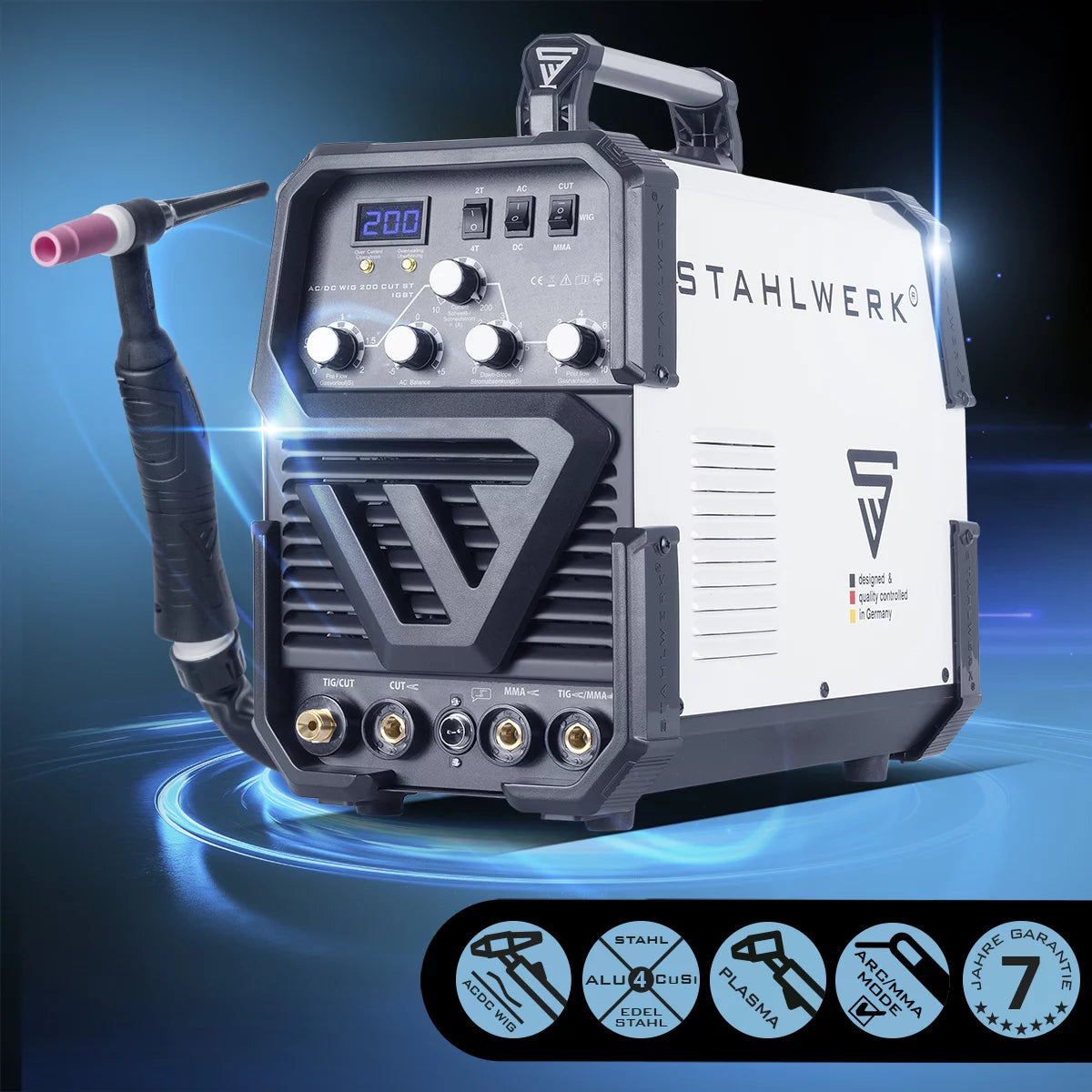 STAHLWERK Schweißgerät AC/DC WIG 200 Plasma ST IGBT Vollausstattung / Kombischweißgerät / 200 Amp WIG + MMA Schweißgerät mit 50 Amp CUT Plasmaschneider, Alu geeignet