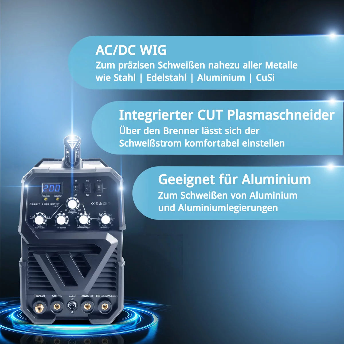 Saldatura in acciaio di saldatura AC / DC WIG 200 Plasma ST IGBT Attrezzatura completa / Combinazione Dispositivo bianco / Wig Wigding MMA da 200 Amp + MMA Welding Machine