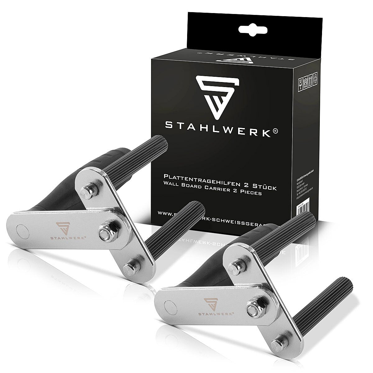 STAHLWERK Plattentragehilfe 2er Set, Edelstahl Plattengriff / Plattenträger / Plattenheber mit rutschfestem Tragegriff zum sicheren Transport von Trockenbauwänden und Platten