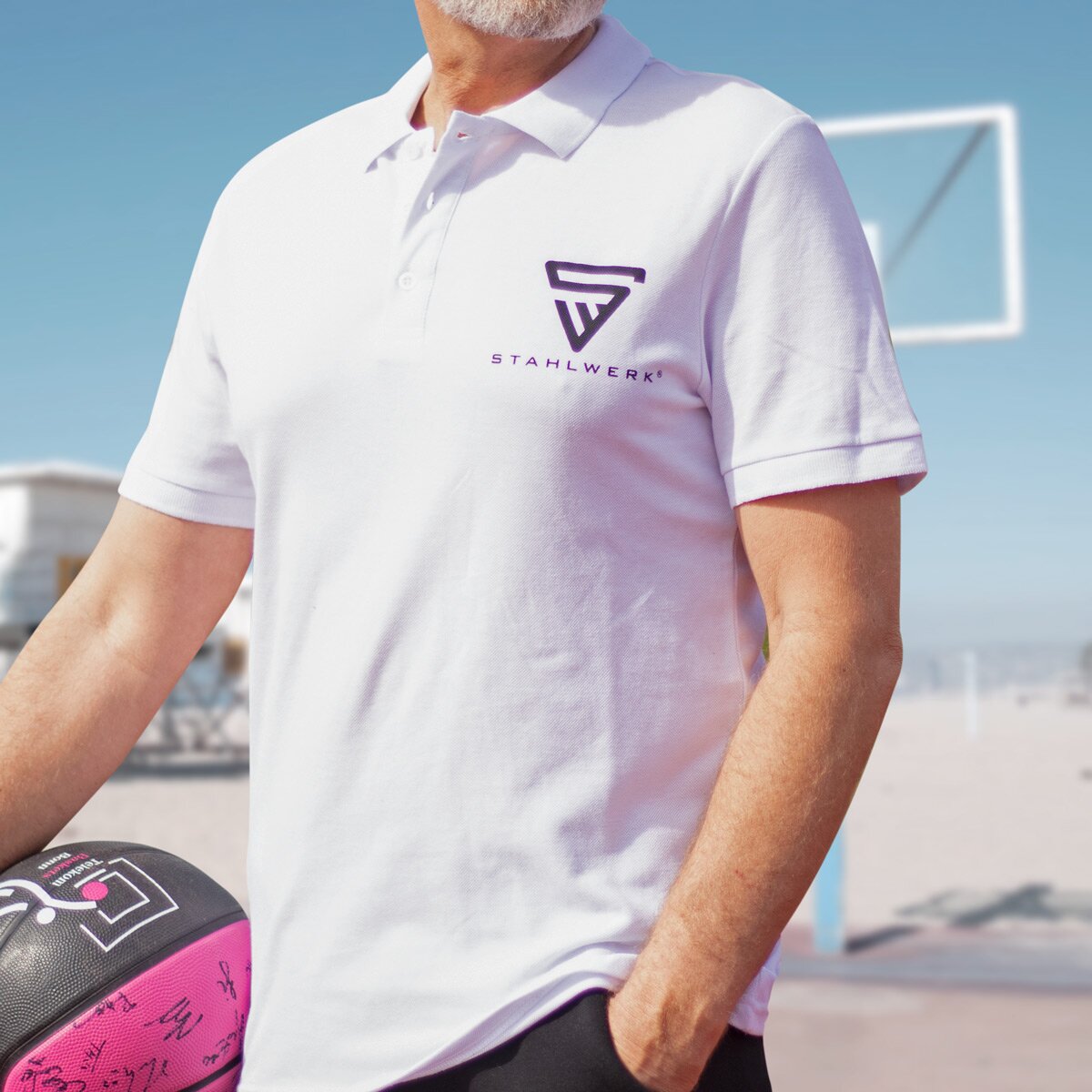 STAHLWERK Polo-Shirt Größe L Weiß Kurzarm Polo-Hemd mit Logo-Print aus 100% Baumwolle