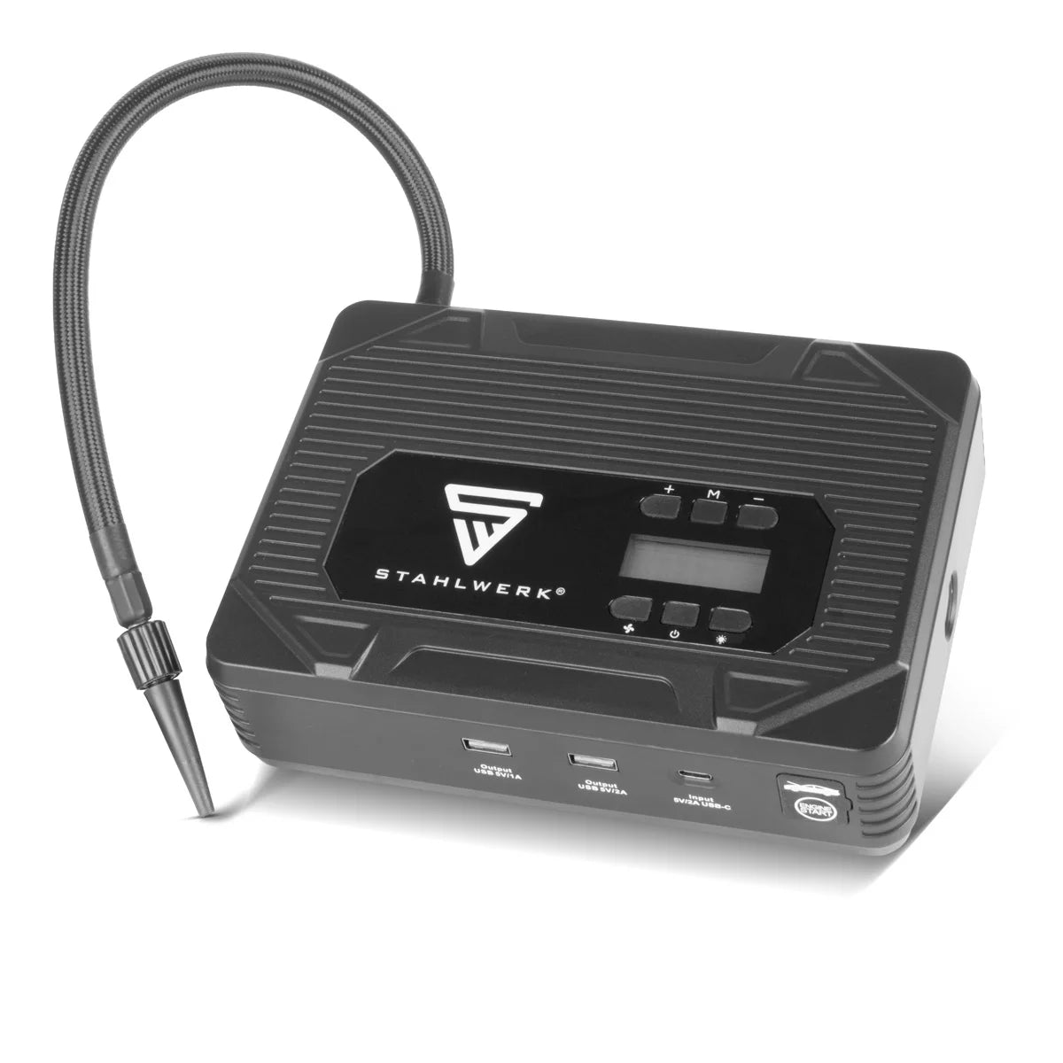 STAHLWERK PB-1400 ST | Powerbank Starthilfe 400 A, 14.000 mAh | Für Benzin- und Dieselmotoren | Mobiler Kompressor mit 3,5 bar Arbeitsdruck und LED-Leuchte | USB-Ladegerät und Starthilfe in einem