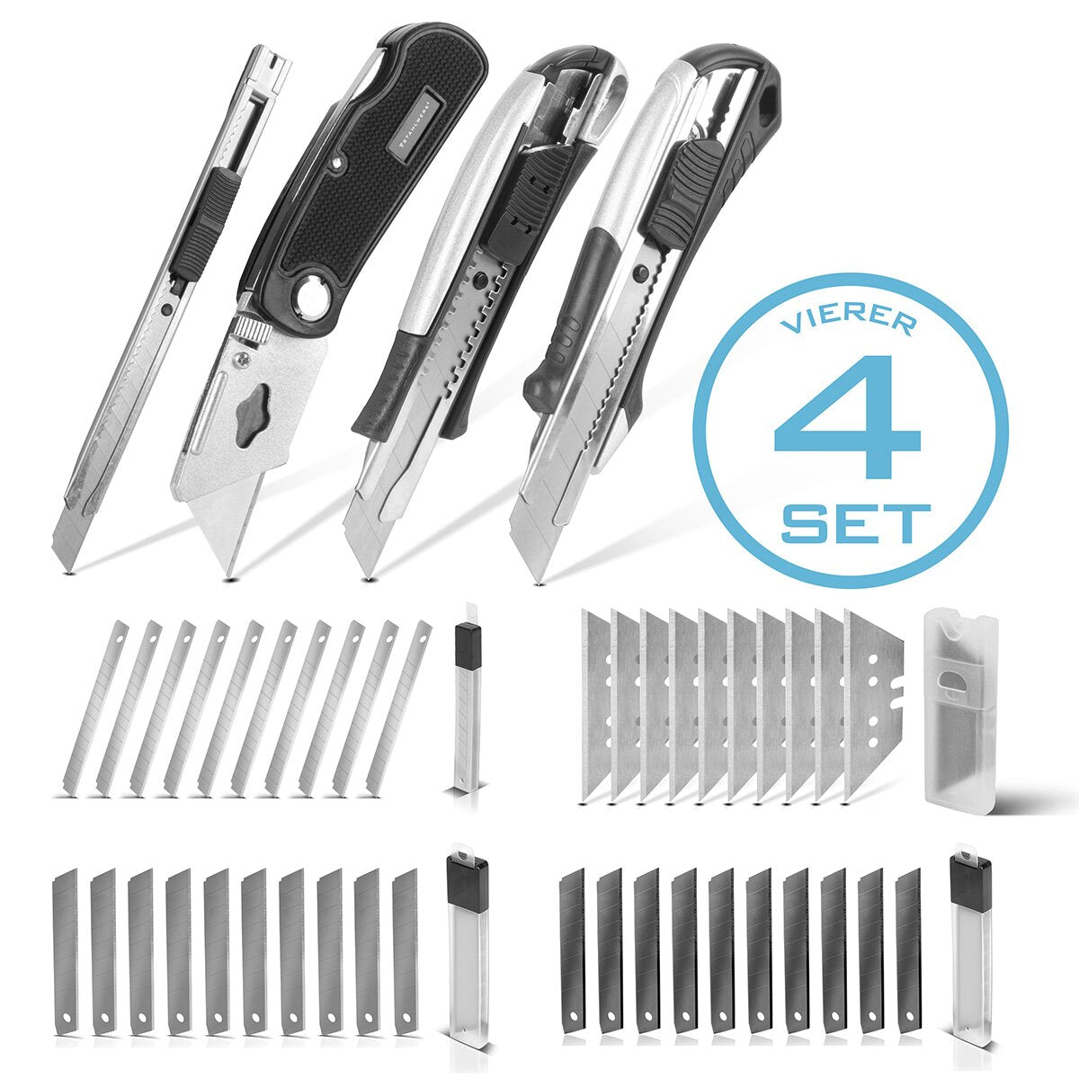 Coltello da cutter in acciaio 4 -set con pale di ricambio Profite Cutter | Coltello da tappeto | Coltello di sicurezza | Coltello da pacchetto | Coltello da cartone